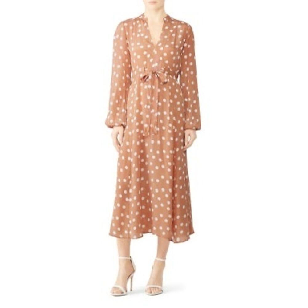 byTiMo Polka Dot Tan White Hourglass V-Neckline Long Sleeve Midi Dress Size S - Picture 2 of 13